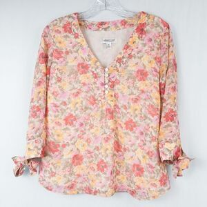 Coldwater Creek Floral Chiffon Henley Tie Sleeve Blouse Womens PS Fairy Coquette